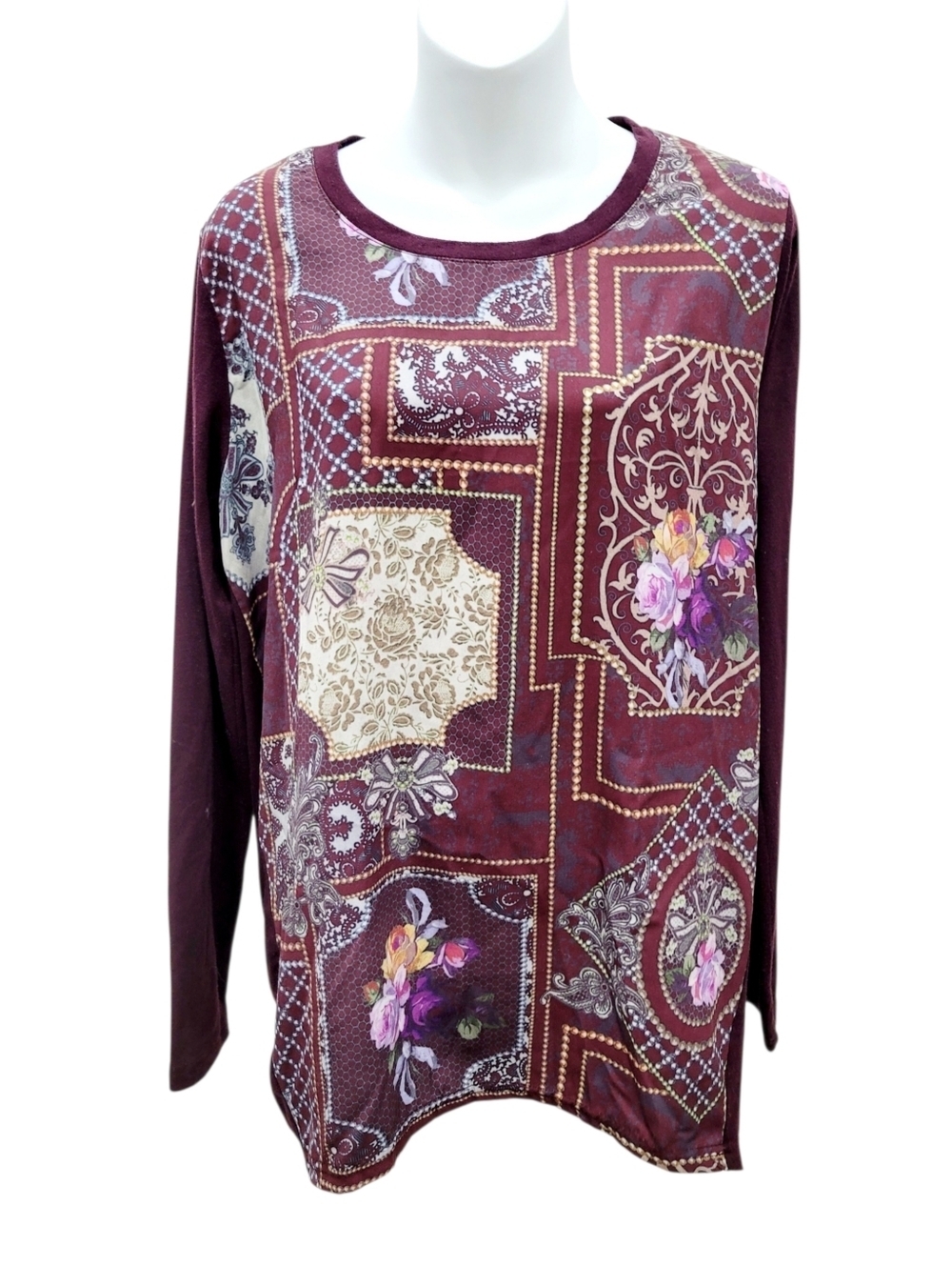2/$20 Y2K Korea Burgundy Red Floral Pattern Long Sleeve Blouse Size: L